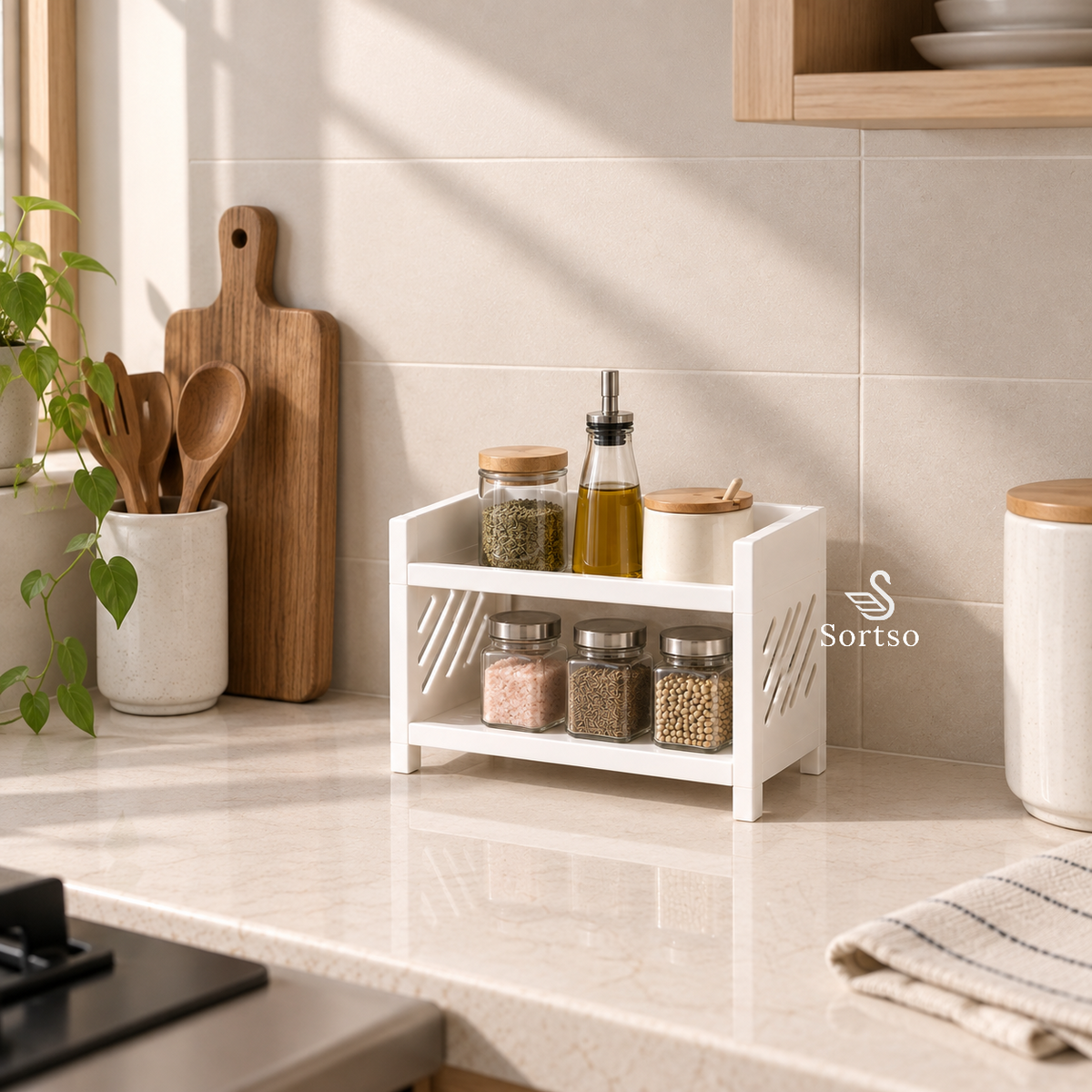 White 2-tier shelf organizer holding spice jars and kitchen essentials on countertop