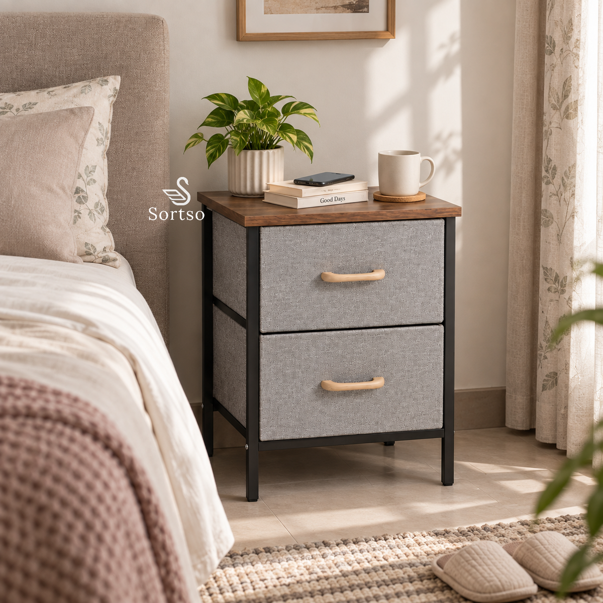2-drawer fabric bedside storage table used as a nightstand beside bed