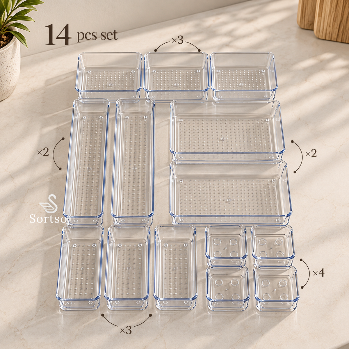 Clear acrylic drawer organizers 14-piece set in five modular sizes for flexible, customized drawer organization.