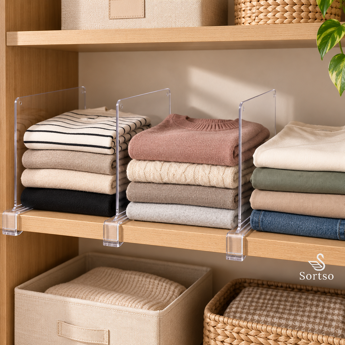 Clear acrylic wardrobe shelf dividers separating stacks of folded clothes