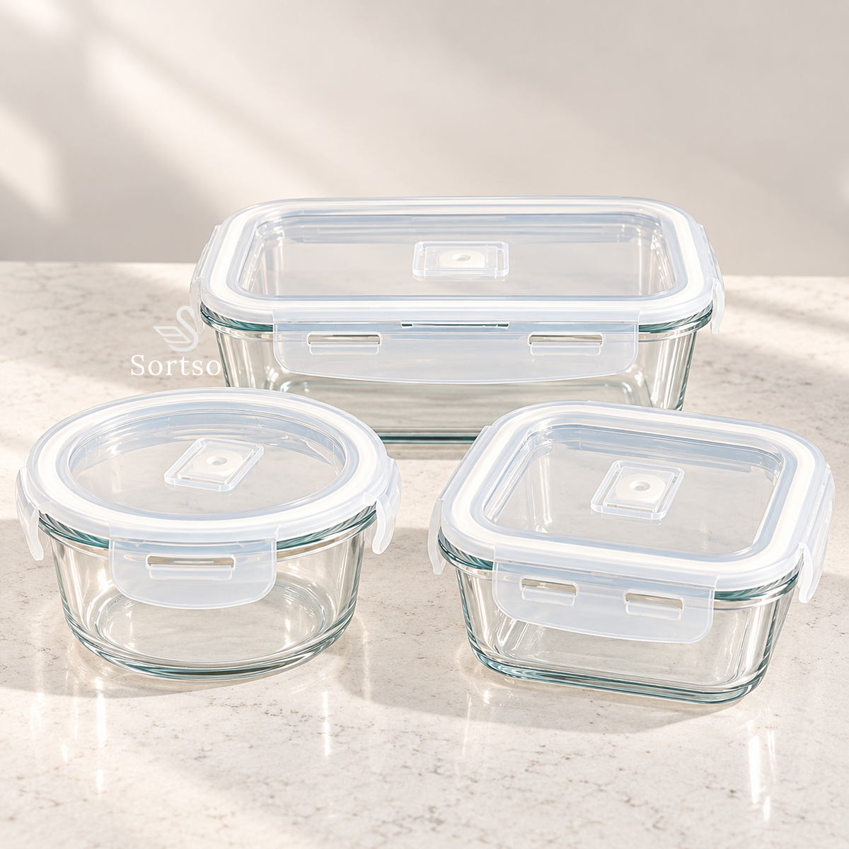 Round, square and rectangular glass food storage containers with clear locking lids.