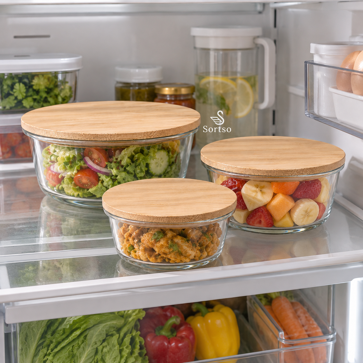 Round glass food containers with bamboo lids storing salad, fruit and prepared food in refrigerator