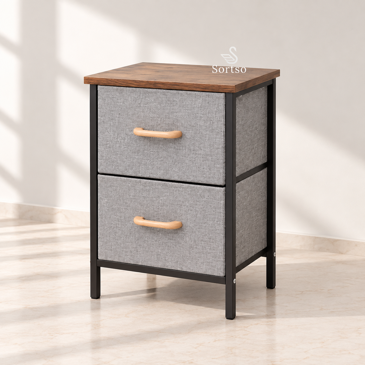 2-drawer fabric bedside storage table with wooden top and black metal frame