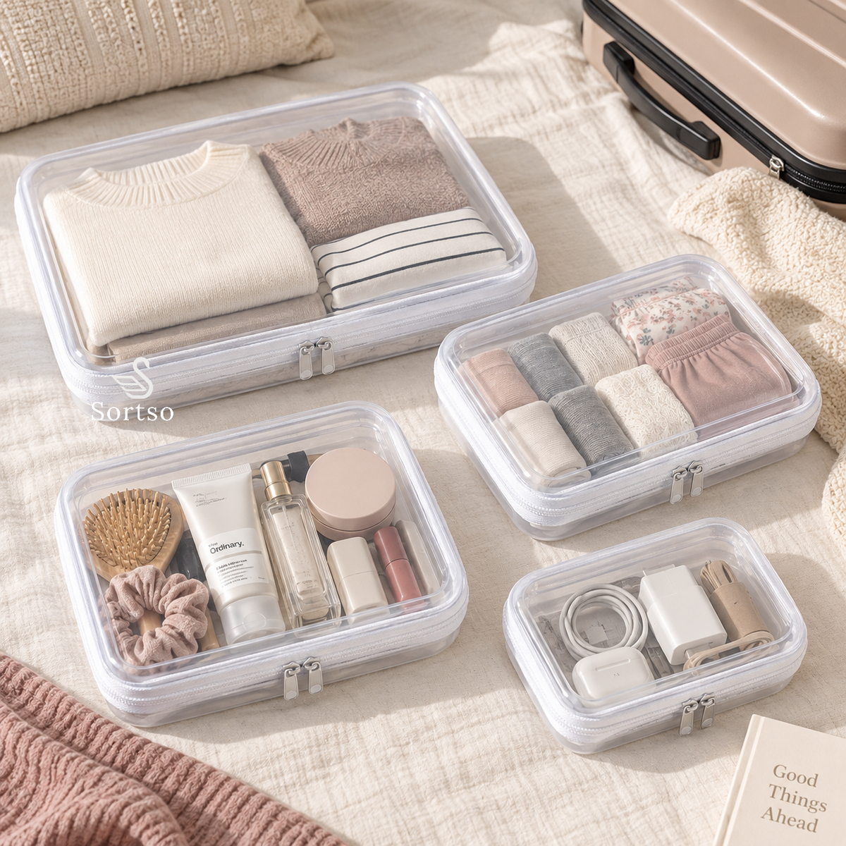 Clear hard-shell travel storage pouches organizing clothes, toiletries, accessories and electronics beside a suitcase.