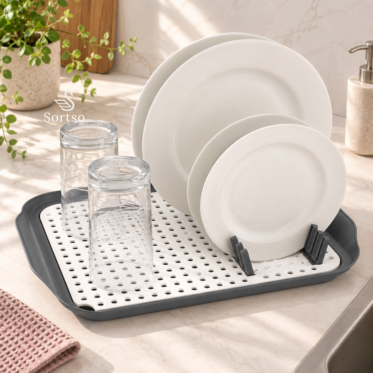 foldable dish drying tray holding plates and glasses upright for draining and air drying