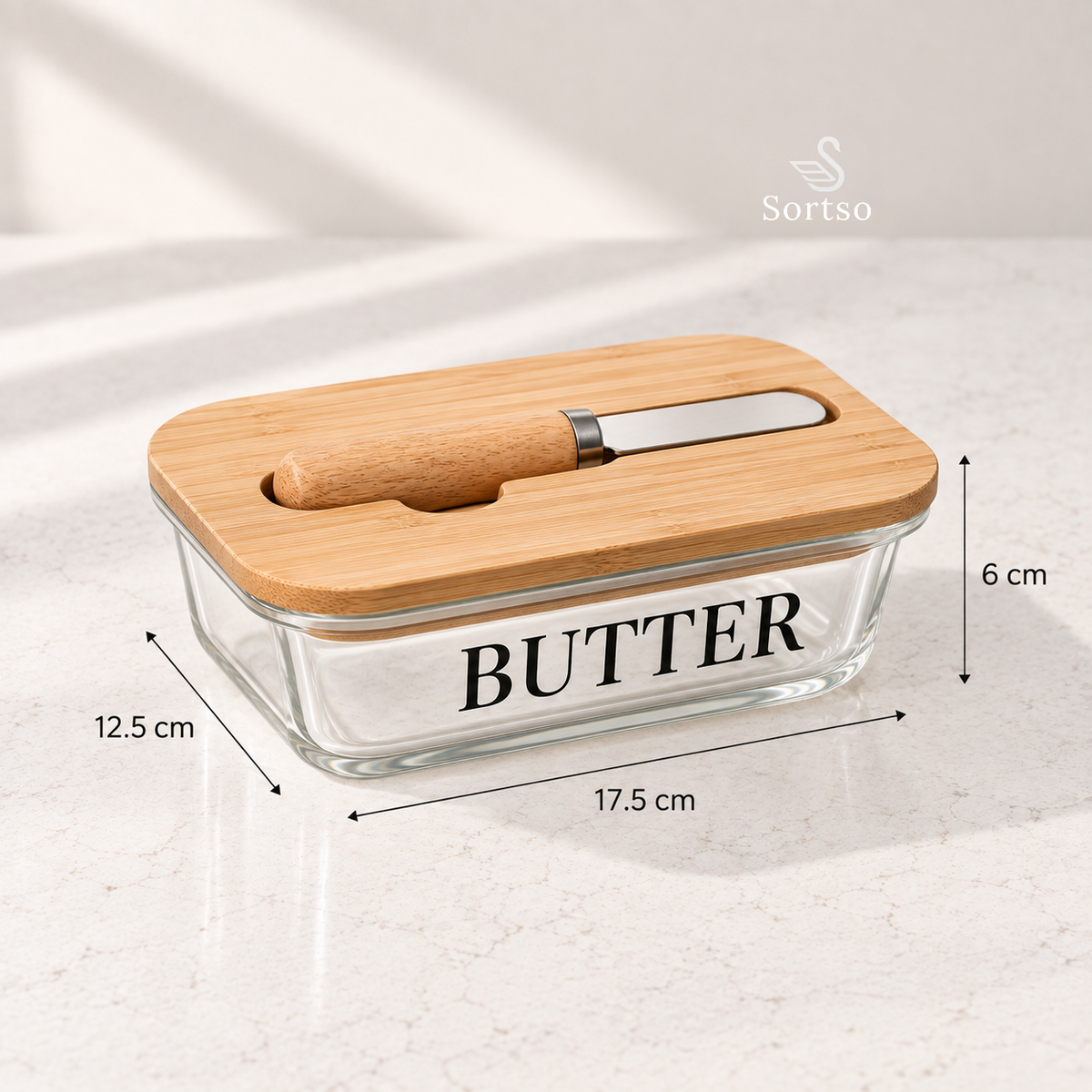 Glass butter keeper with bamboo lid and knife, 17.5 × 12.5 × 6 cm