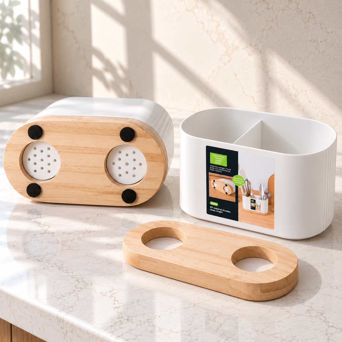 2-Compartment Utensil Holder with Drainage & Wooden Base