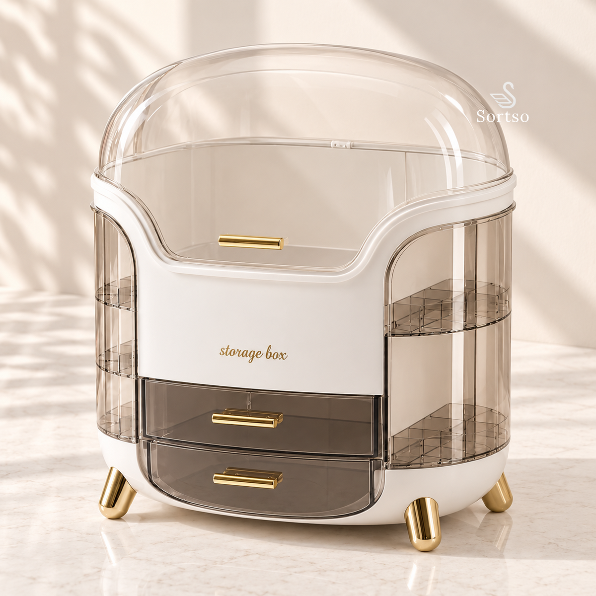 White vanity and makeup organizer with transparent cover, side compartments and two pull-out drawers