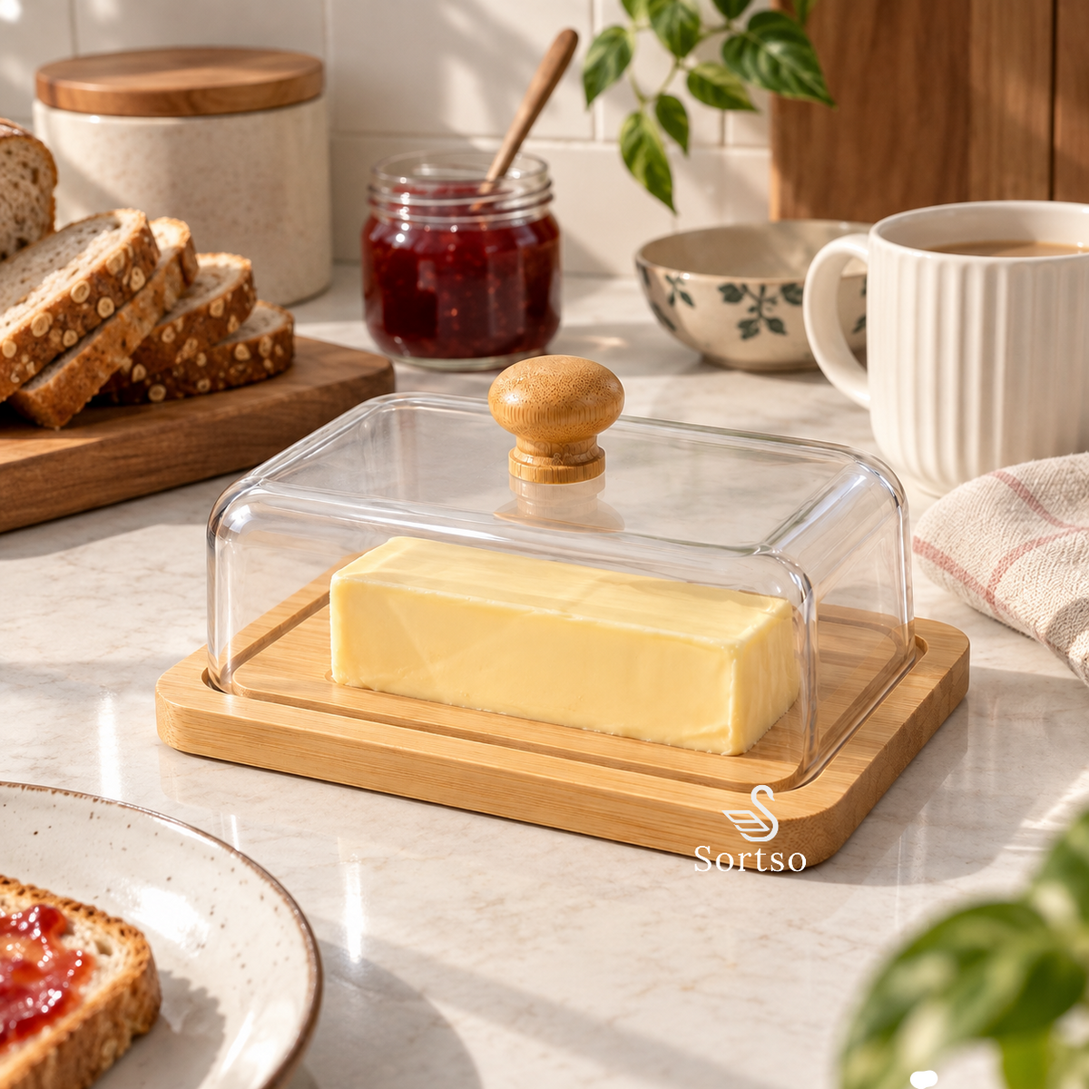 Bamboo butter dish with clear cover holding butter on a breakfast table