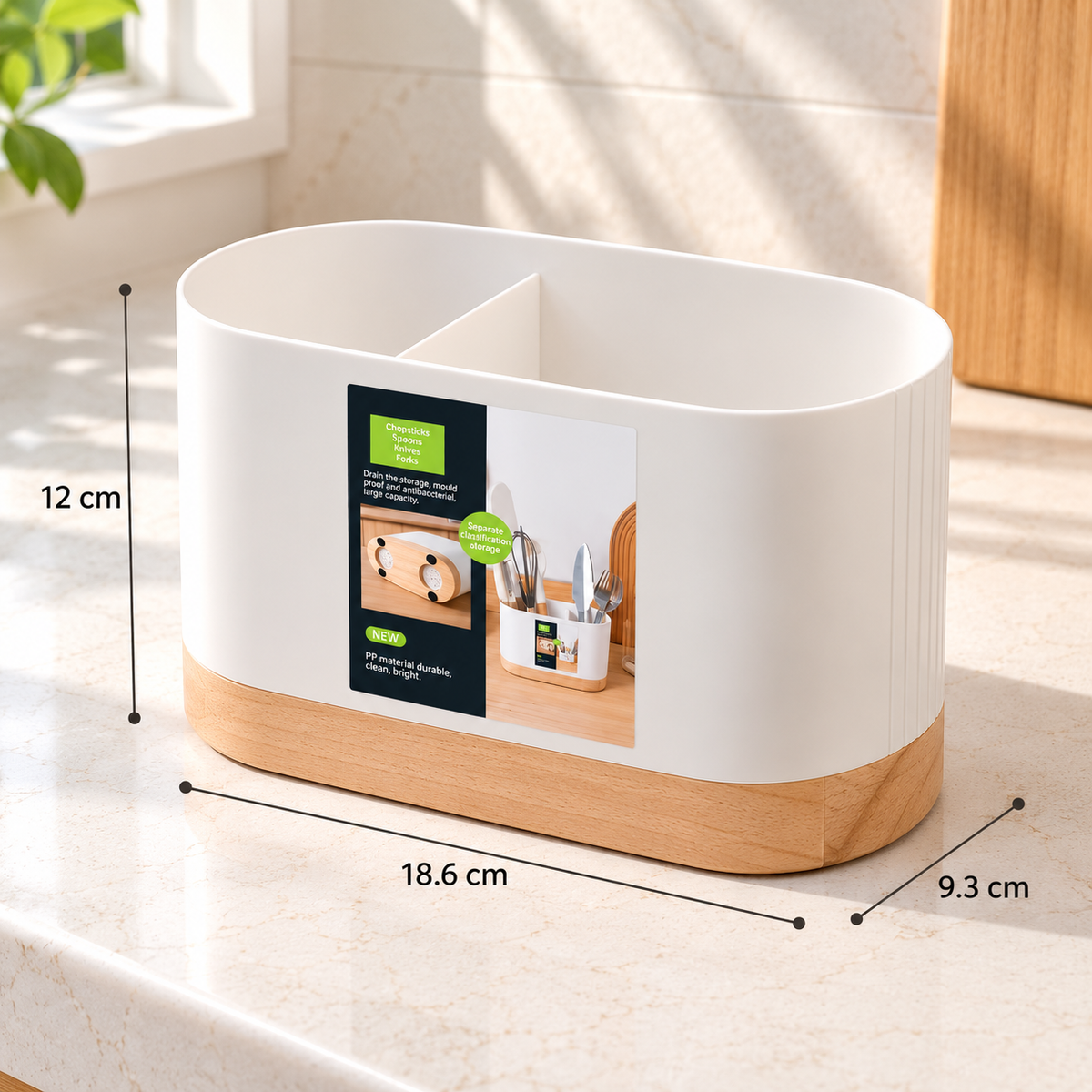 2-Compartment Utensil Holder with Drainage & Wooden Base