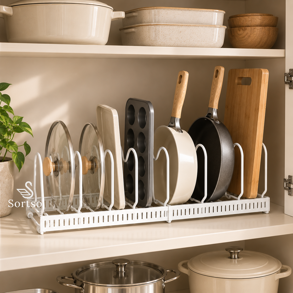Adjustable pots and pans organizer rack holding pan lids, pans, trays and a cutting board inside a kitchen cabinet