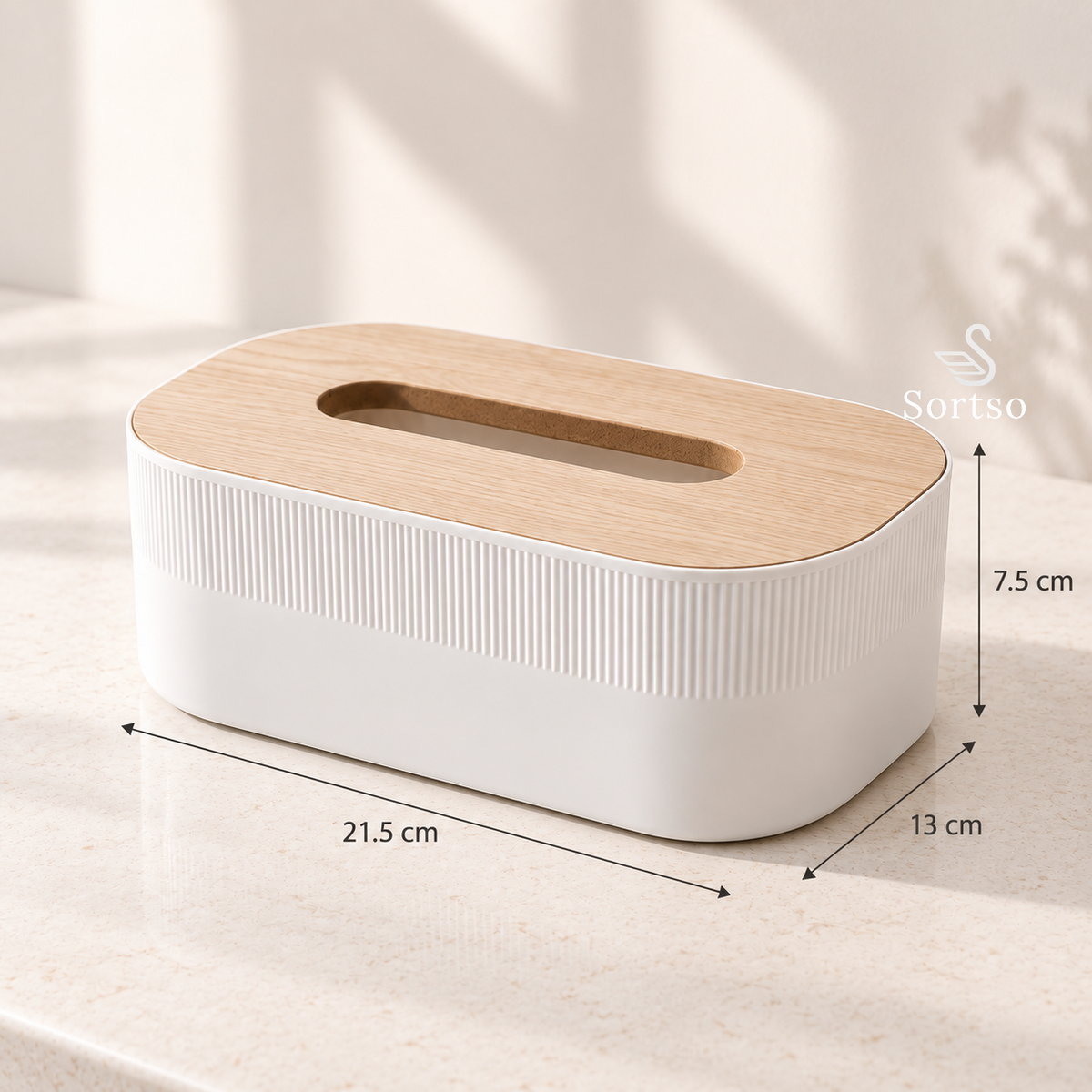 Minimal ribbed tissue box measuring 21.5 × 13 × 7.5 cm with a wood-look removable lid.