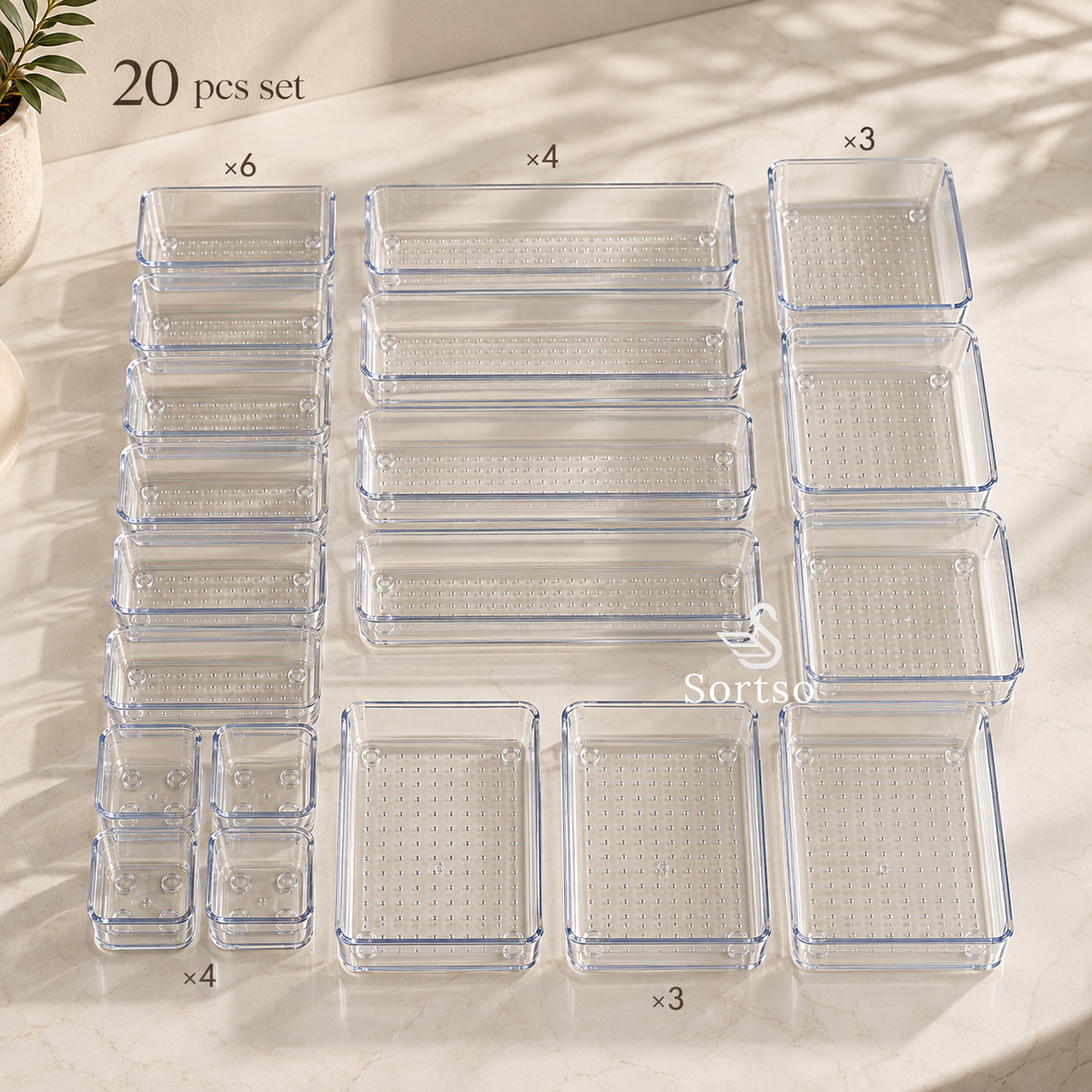 Clear acrylic drawer organizers 20-piece set in five modular sizes for complete, customizable drawer organization.