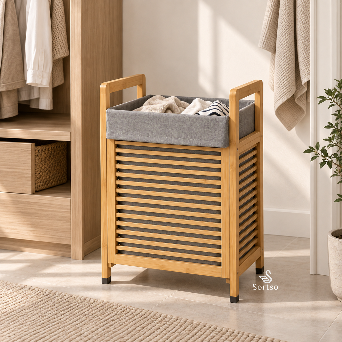 Bamboo laundry hamper with removable grey fabric bag filled with clothes in a wardrobe.