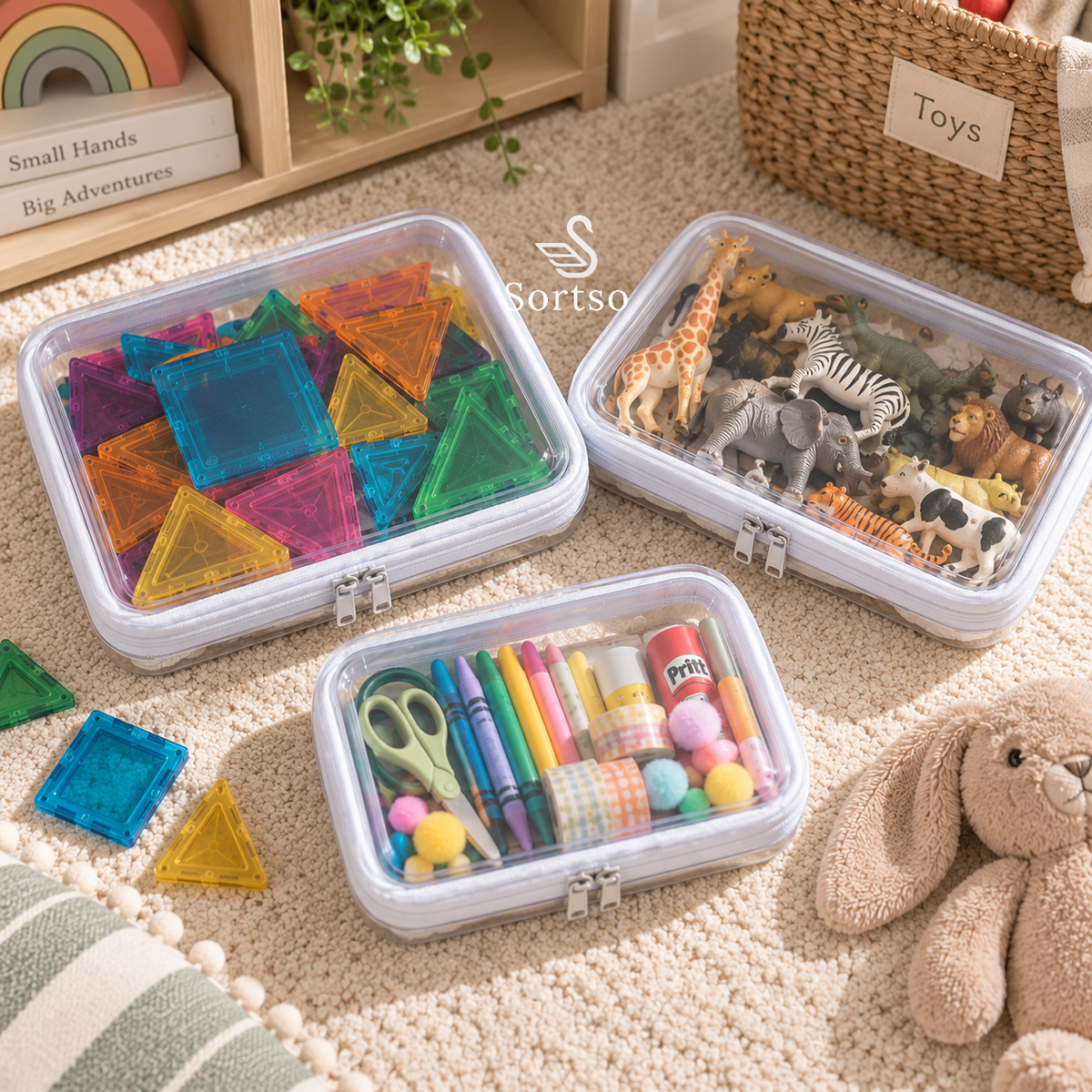 Clear hard-shell storage pouches organizing kids’ toys, animal figures and art supplies.