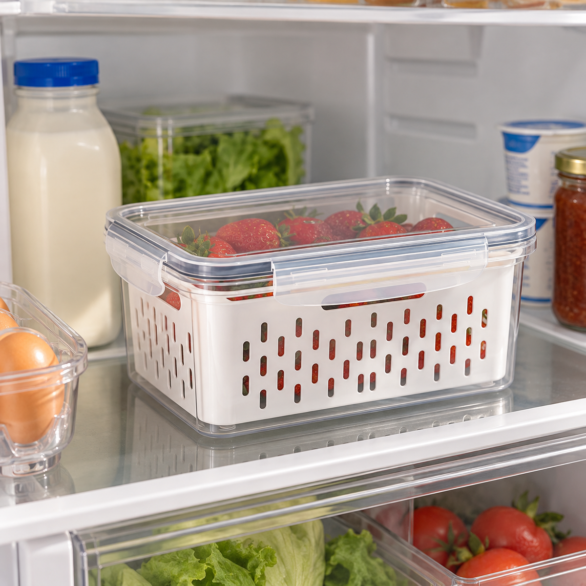 Fridge fruit storage container with drain basket for keeping strawberries fresh and organized