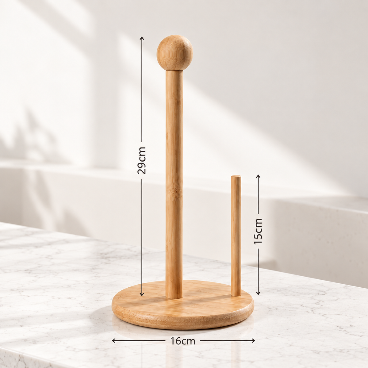 Bamboo kitchen roll holder dimensions: 29 cm high with 16 cm base